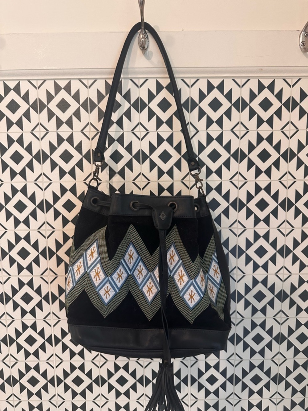 Black Embroidered Bucket Bag with Tassel
